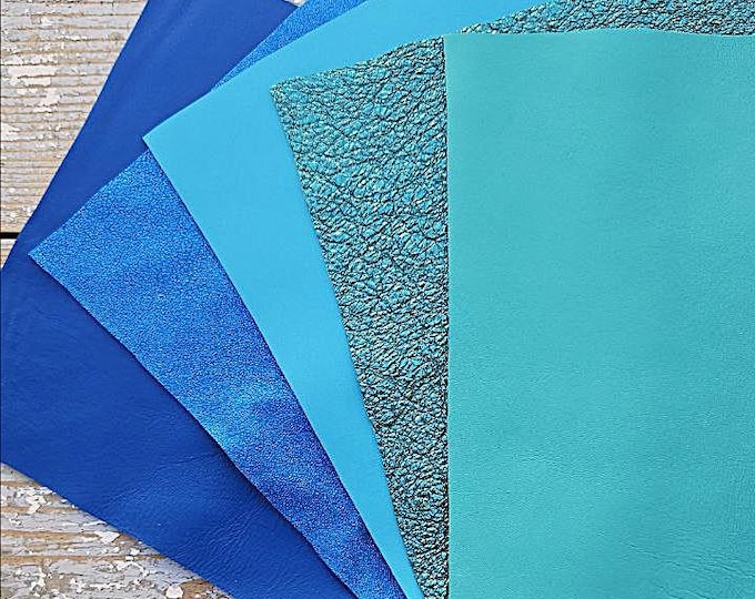5 Selected leather scraps, GREEN and BLUE tones, metallic mix selection leather pieces as per pictures 10x8" / 25x20 cm  RT257