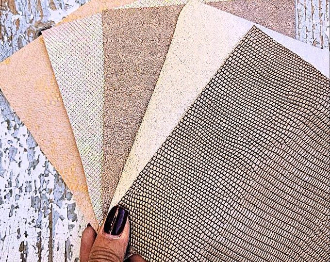 5 Selected leather scraps, beige, pink, light brown tones, printed and metalic printed,mix selection leather pieces as per pictures RT248