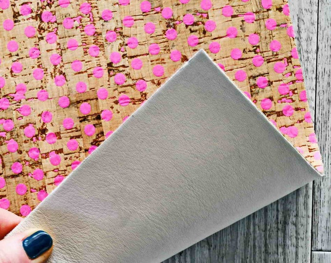Pink polka dots  Cowhide Backed Cork Leather - Cork Leather Sheet - Leather for Making Earrings   4x6" / 8x10" / 12x12"  B841