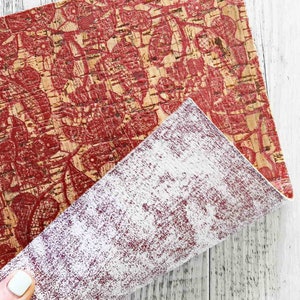 Fogli di SUGHERO naturale stampa a fiori color rosa scuro e PELLE laminata bianca e fucsia accoppiata nel retro 15x12/25x20/30x30 cm  B912