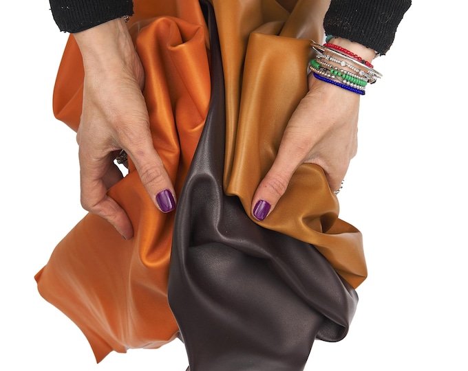 Soft lambskin leather  for clothing Orange, tan, brown sheepskin NAPPA, smooth hide for GARMENTS and craftings B17601-TU   La Garzarara