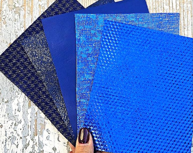 5 Selected leather scraps, BLUE tones, printed and metalic printed,mix selection leather pieces as per pictures RT242  La Garzarara