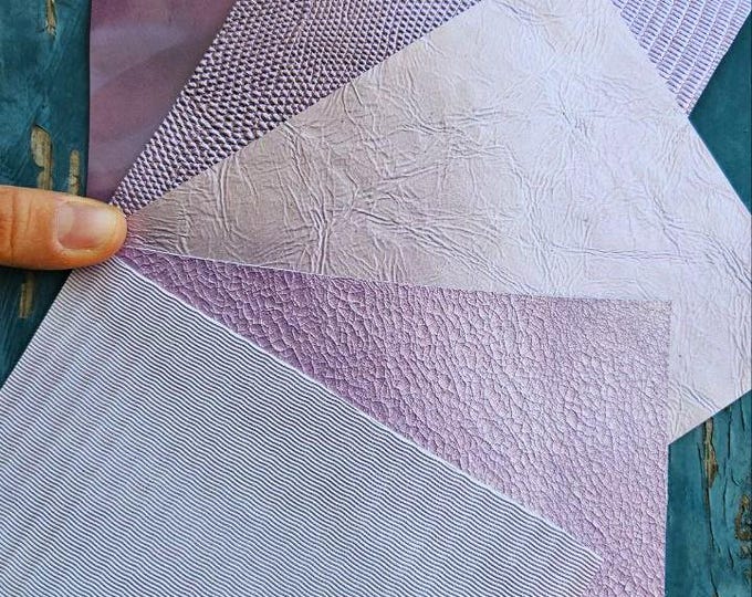 5 Selected leather scraps, VIOLET LAVENDER LILAC tones, printed and metalic printed, mix selection leather remnants as per pictures RT335