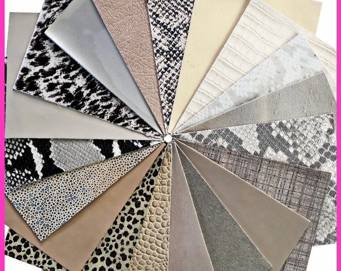 Stock of 12 MIXED PIECES beige and platinum, pre cut leather hide, printed, metallic random selection, 5 x 6 inches B14452-PZ La Garzarara
