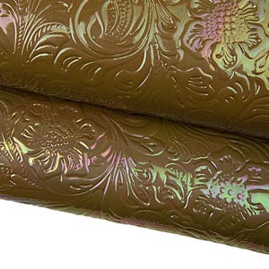Pellame OLEOGRAFICO floreale, vitello verniciato marrone chiaro stampa CHARRO pelle metallizzata iridescente B17717-MT(st) La Garzarara