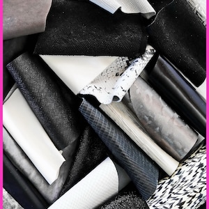 Sacchetto di ritagli di pelle miste, BIANCO, NERO e GRIGIO, stampe, fantasie e morbidezze varie  0,300 kg- 0,500 kg- 0,750 kg- 1 kg  B054