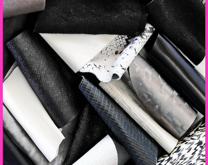 Leather scraps bag, WHITE, BLACK and GREY tones, fancy textures, foils and softness various, 0,7 lbs - 1 lbs - 1,7 lbs - 2 lbs  B054