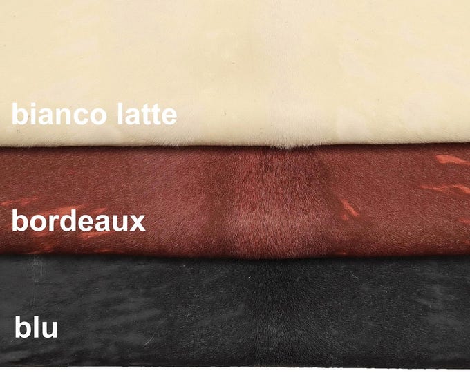 Burgundy blue milky white solid color hair on leather hide, worn effect calskin, vintage skin b13602-cv