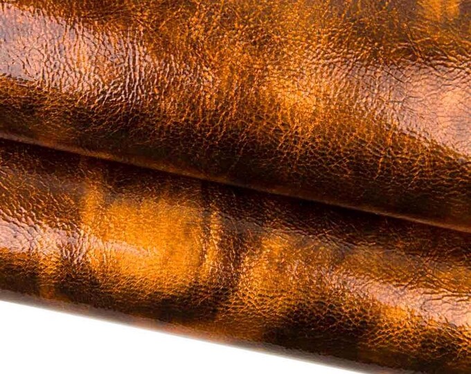 Glossy SHADED goatskin leather, orange - black metallic PATENT skin, grainy wrinkled soft hide for hobbyists B18264-MT(st) La Garzarara
