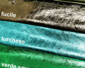 Gunmetal green turquoise metallic leather hides - shiny wrinkled cow  - soft italian skins  B11772-MT La Garzarara