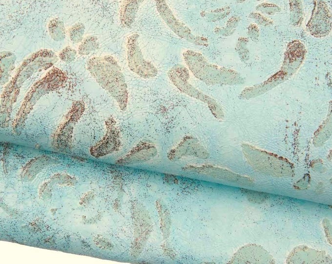 Floral printed leather hide, VINTAGE effect, matt abstract goatskin, sky blue with GLITTER leather hide B18887-ST   La Garzarara