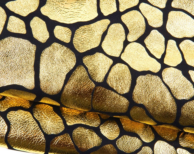 Gold metallic leather skin, GIRAFFE printed goatskin, animal pattern on dark blue suede hide, very bright B18959-MT(ST)   La Garzarara