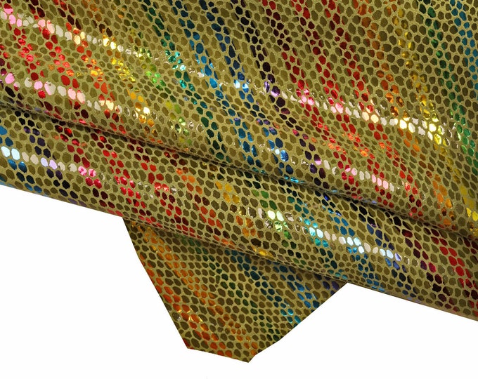 Multicolor stripes PRINTED leather skin, green, yellow and orange snake texture and metallic soft suede goatskin B15415-MT(ST)