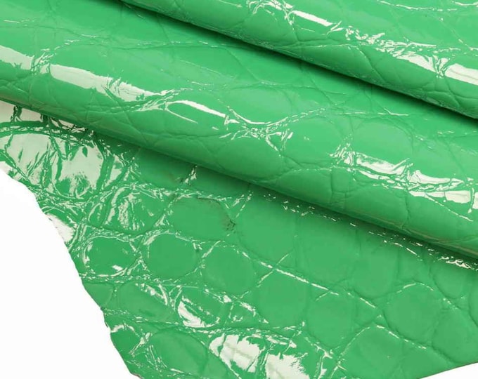Embossed CROCODILE leather hide - green, fuchsia PATENT goatskin laquer alligator print, glossy hides for crafters B18835-ST La Garzarara