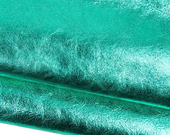 Turquoise METALLIC leather skin, aquamarine soft WRINKLED baby calf, bright sparkle top quality cowhide for hobbyists B18534-MT La Garzarara