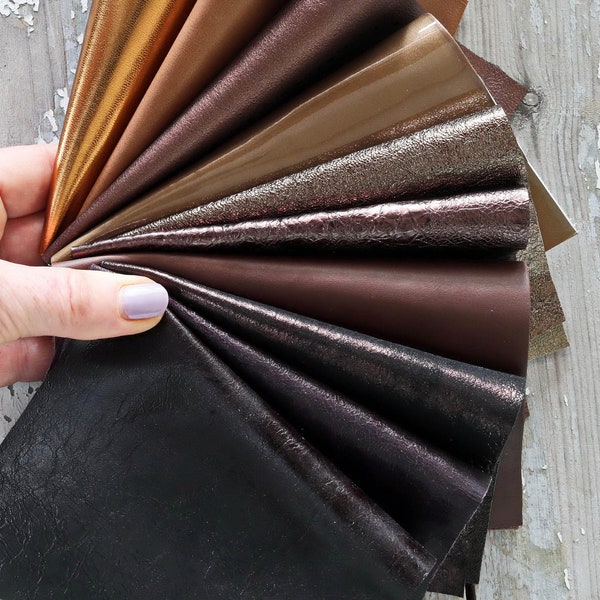 10 BROWN and BRONZE leather scraps, metallic and not, smooth, solid tones, random assortment, grains various    B1546   La Garzarara