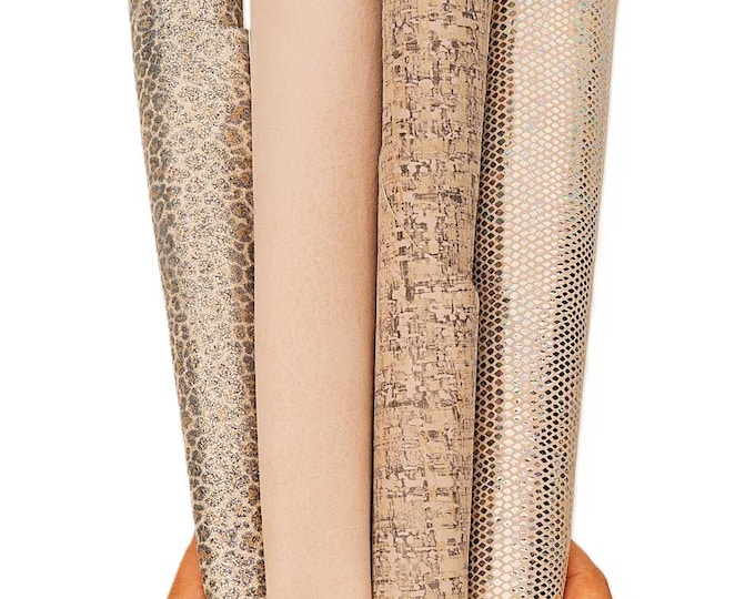 Bundle of 4 powder PINK - beige leather skins, pack of solid color, METALLIC, printed goatskins as per picture B19519-MT(st) La Garzarara