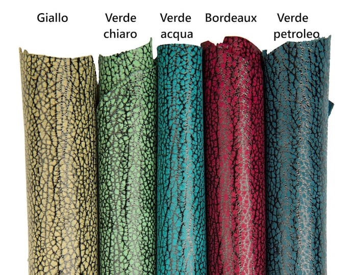 ELEPHANT printed leather skins, animal texture on SUEDE goatskins, green, yellow, burgundy metallic soft skins B18424-ST La Garzarara