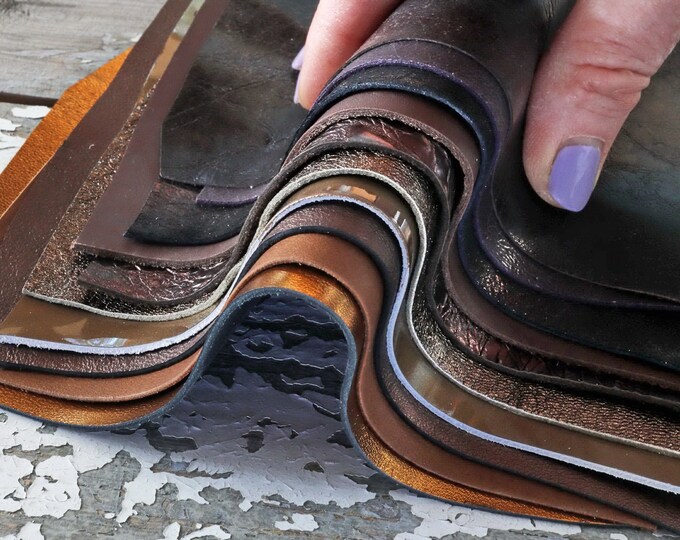 METALLIC LEATHER scraps offcuts random bundle – 10 brown & bronze smooth, grained, laminated pieces B1546 La Garzarara