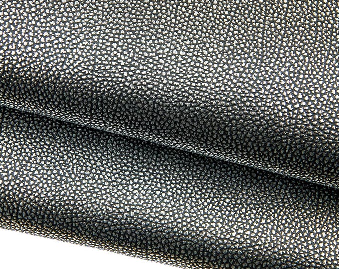 Metallic leather hide PEBBLE grain, SILVER calfskin on black basis, soft leather 1.5 - 1.6 mm B18707-MT(st)   La Garzarara