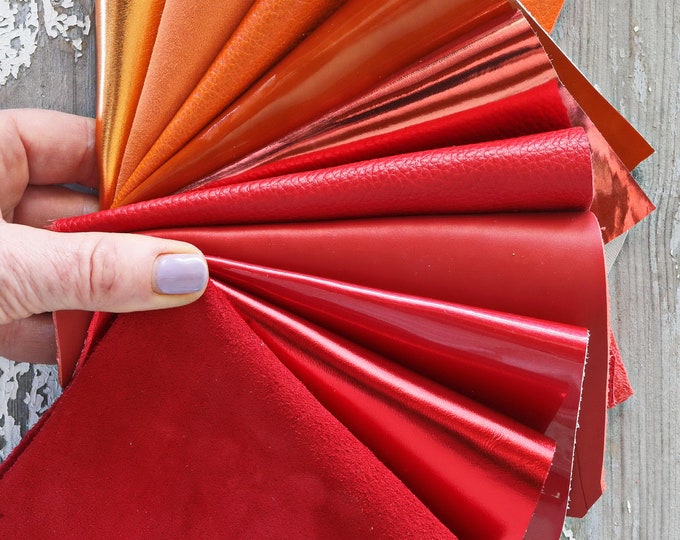 10 RED ORANGE leather scraps, metallic and not, smooth, SOLID tones, grains and softness various, random assortment   B1540  La Garzarara