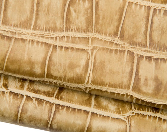 Beige EMBOSSED CROCODILE  leather hide, soft matt cowhide, alligator printed calfskin for crafters B18762-ST La Garzarara