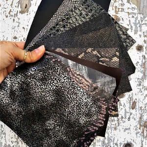 10 Ritagli di pellami unici selezionati, toni NERO e MARRONE e stampe varie, pezzi di pelle assortimento mix di fantasie come da foto RT12/B