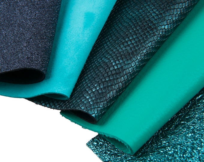 10 Selected leather scraps, GREEN and TURQUOISE color, mix colorful selection leather remnants as per pictures  B1553  La Garzarara