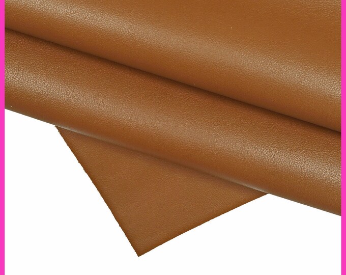 Full grain cognac leather hide, smooth BROWN tiny pebble grain leather hide, glossy soft cowhide colro tan B15901-TU La Garzarara