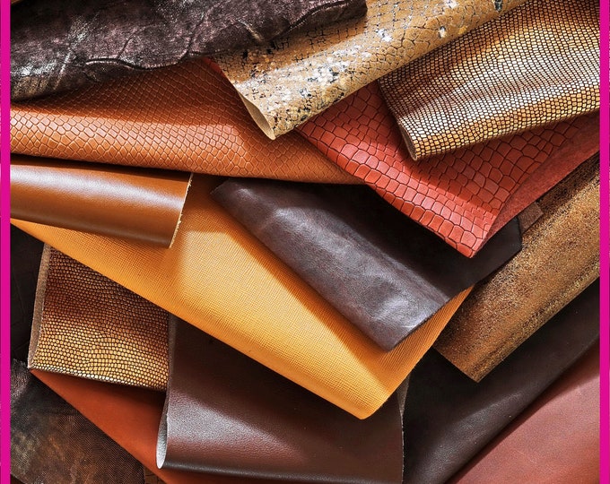 Leather scraps bag, BROWN, DARK Brown and BRONZE, fancy textures, foils and softness various, in total for 1 lbs and 2 lbs B187