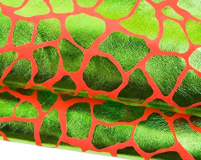 Green metallic leather skin, GIRAFFE printed goatskin, animal pattern on red suede hide, very bright B18958-MT(ST)   La Garzarara