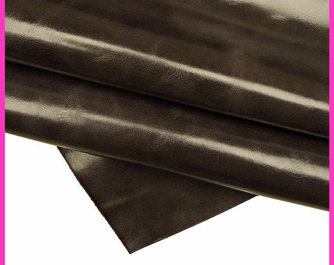 GREY glossy leather hide, gray vegetable tan calfskin, wrinkled pull up effect cowhide, 0.7 - 1.0 mm B16372-VT La Garzarara