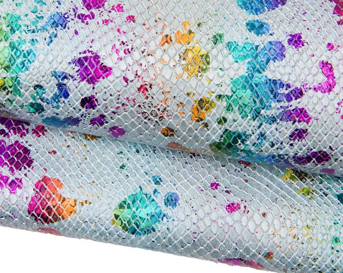 Iridescent MULTICOLOR splash print on silver SNAKESKIN, python printed metallic goatskin, soft bright skin B18465-MT(st) La Garzarara