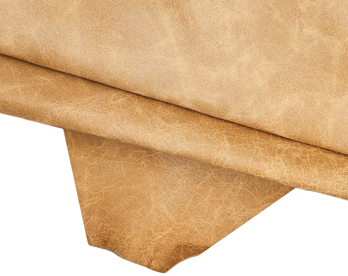 Distressed kangaroo leather skins, wrinkled quite soft camel yellow vintage thin hides 0.5 - 0.7 mm B16535-VT La Garzarara