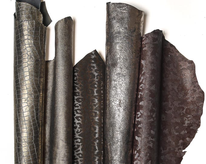 Full Leather skins STEEL and GUNMETAL grey palette, RANDOM assortment, mix of patterns and solid colors, crafting leather bundles  B140