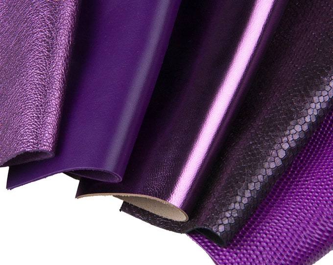 10 Selected leather scraps, PURPLE color, mix colorful selection leather remnants as per pictures  B1556  La Garzarara