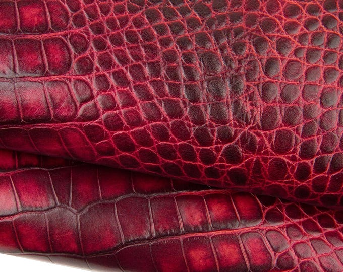 Dark red CROCODILE embossed leather hide, alligator print on glossy SHADED cowhide, 1.2 - 1.4 mm, standard temper B18558-ST La Garzarara
