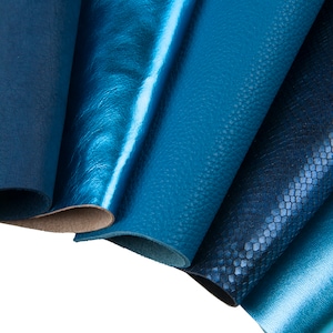 10 Ritagli di pellami unici selezionatI, toni BLU e AZZURRO, pezzi di pelle assortimento come da foto   B1551  La Garzarara