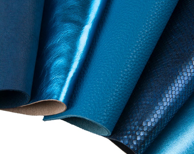 10 Selected leather scraps, BLUE  and SKY BLUE color, mix colorful selection leather remnants as per pictures  B1551  La Garzarara