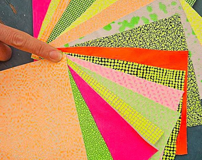 10 Leather scraps, NEON tones, random selection , printed and solid colors remnants, 6x5 inches/15x12 cm  RT281  La Garzarara