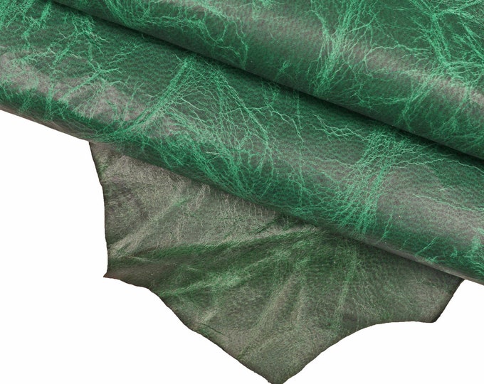 GREEN like crazy horse  leather skin, dark green wrinkled goatskin, soft sporty distressed pull up skin, 0.4 - 0.6 mm B14616-VT La Garzarara