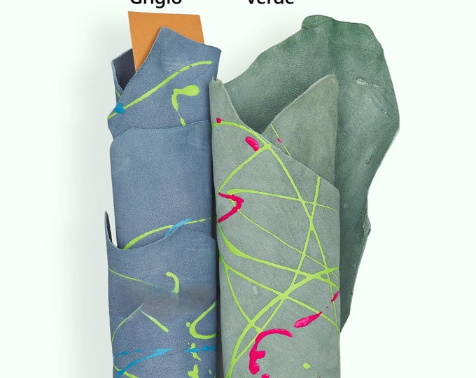 Splash print on suede leather skin, grey and green HAND decorated goatskins, POLLOCK textured hides for hobbyists  B18192-DM   La Garzarara