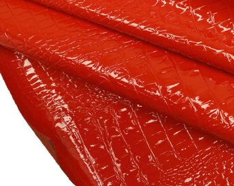 Dark ORANGE Croc leather hides - embossed crocodile calf - glossy patent croc printed  italian skin B13489-ST La Garzarara