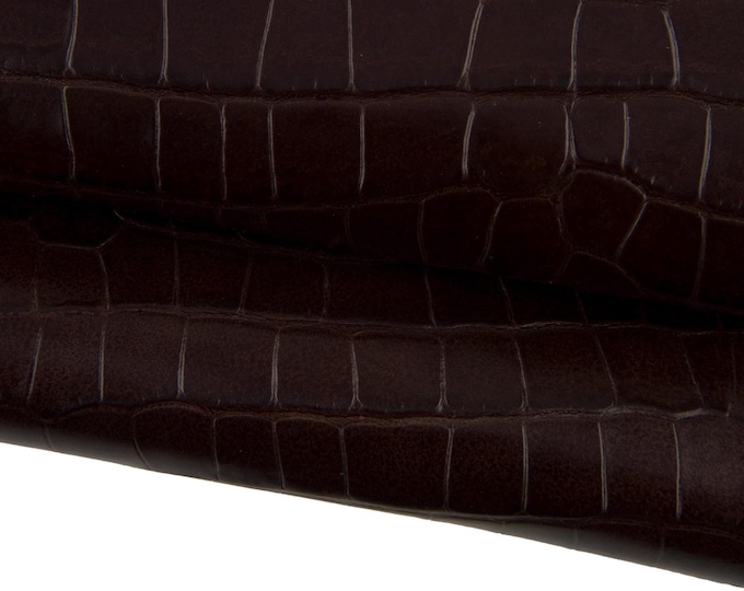 Brown CROCODILE embossed leather hide, animal printed glossy cowhide, calfskin 0.9 - 1.0 mm medium softness B17463-ST La Garzarara