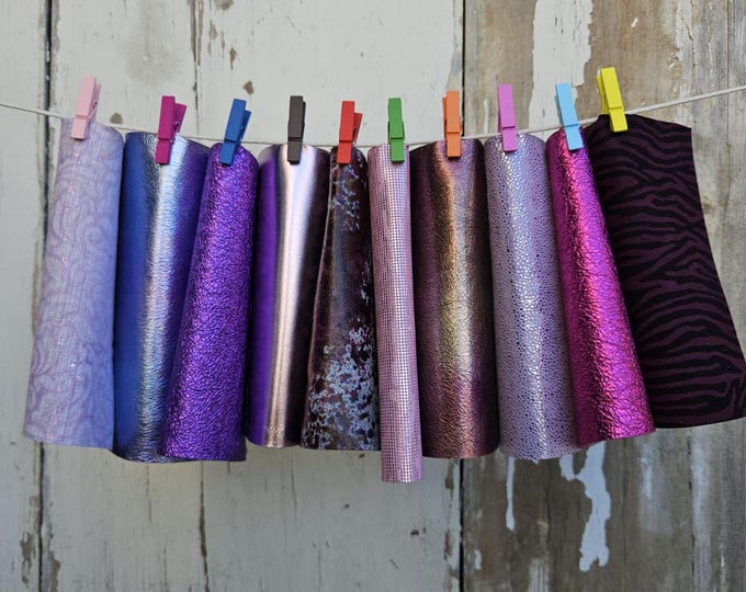 10 Colorful and bright printed leather scraps SELECTED selection, PINK PURPLE, various prints, leather offcuts  6x5" / 15x12 cm  RT350