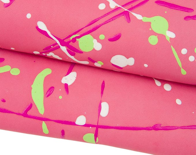 Pink original leather skin, POLLOCK - SPLASH printed sheepskin hide, white, fuxia, green pattermn on lambskin, for hobbyists B17716-DM