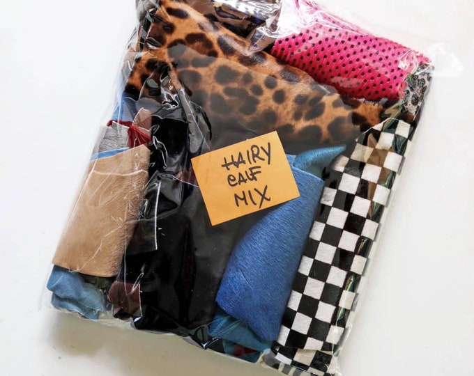 Leather hairy calf printed and solid colors  scraps bag, in total for 1 lbs (500 gr) and 2 lbs (1 kg)  B007  La Garzarara