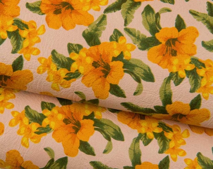 FLORAL textured leather skin, yellow - green flower pattern on  beige SOFT goatskin B19414-ST La Garzarara