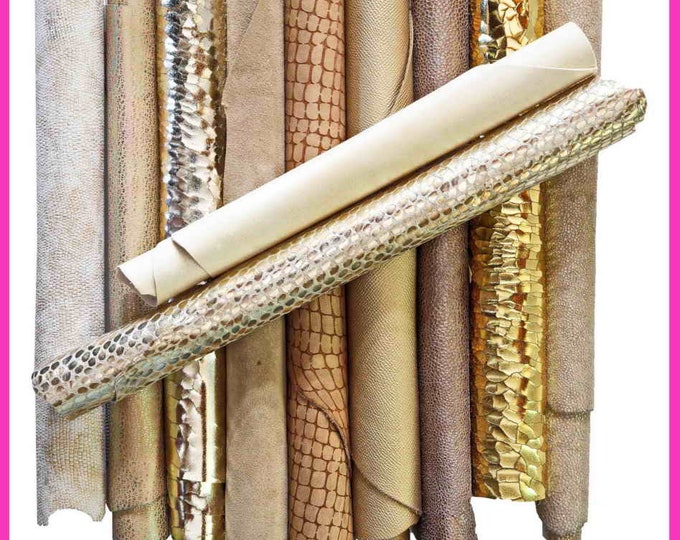 Mix leather scraps - GOLD, PLATINUM and BEIGE  - fancy textures, foils and softness various, 10 or italian leather pieces for crafts B086
