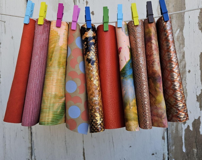 10 Colorful and bright printed leather scraps SELECTED selection, printed, solid and ABSTRACT leather offcuts  6x5" / 15x12 cm  RT341